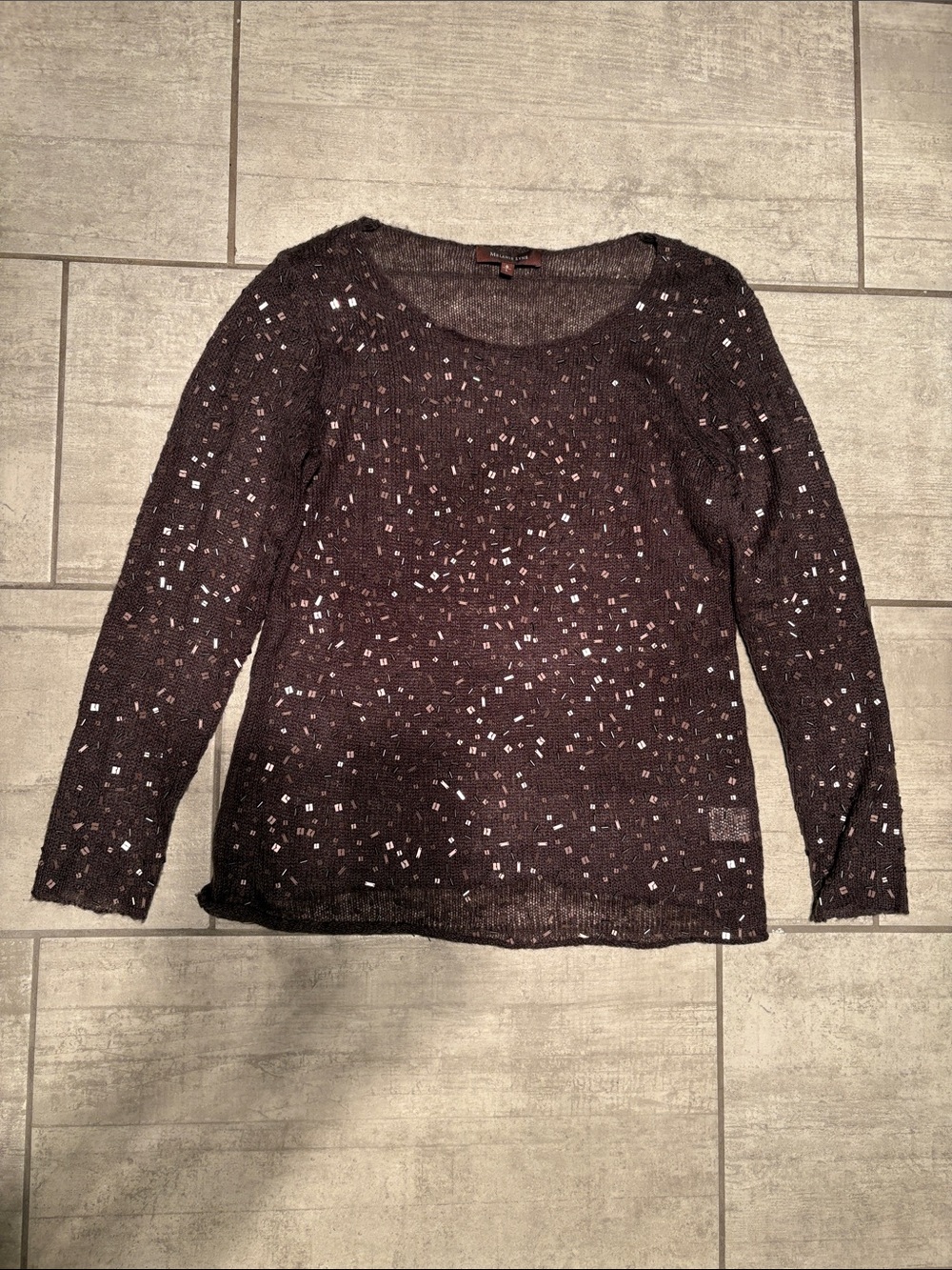 Sheer Sequin Detail Dark Brown Women's Crewneck Sweater - Unbranded